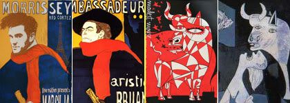 composición con sección de afiches de Todd Slater y Aristide Bruant en su cabaret -Toulouse Lautrec- y Guernica -Picasso-