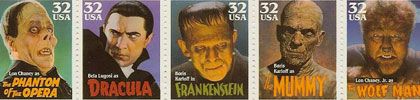 section of USPS post stamp 1997 series with theme of Hollywood classic monsters, from www.flickr.com/photos/amberdorkostopper/238365887/