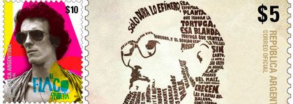 composición con partes de estampillas homenaje a Luis Alberto Spinetta y a Julio cortázar, diseñadas una en el Correo Argentino y otra, por José Rivadulla, todo de www.correoargentino.com.ar/