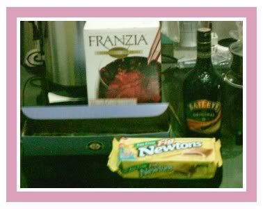 franzia red  wine, bailey's irish creme, purple oven's brownies, and my figs ... before they're gone