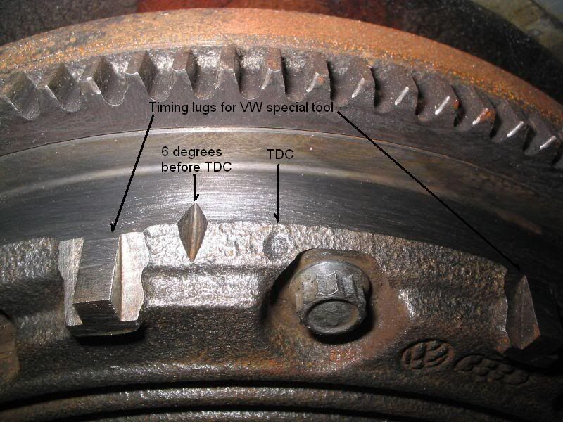 what does the timing mark look like on the flywheel VW Vortex