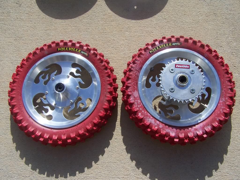 Fast50s billet flame wheel set, fast50s sprocket, like new red kenda