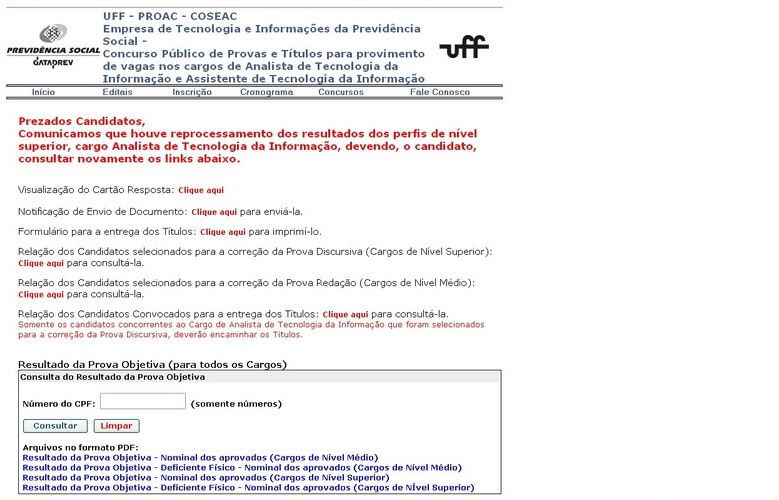 Screenshot da tela sobre o concurso da Dataprev, tirada na quarta-feira, às 18:30