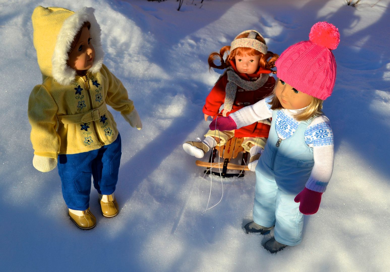 Sledding, Aleah and Emily take turns pulling Pippa on the sled