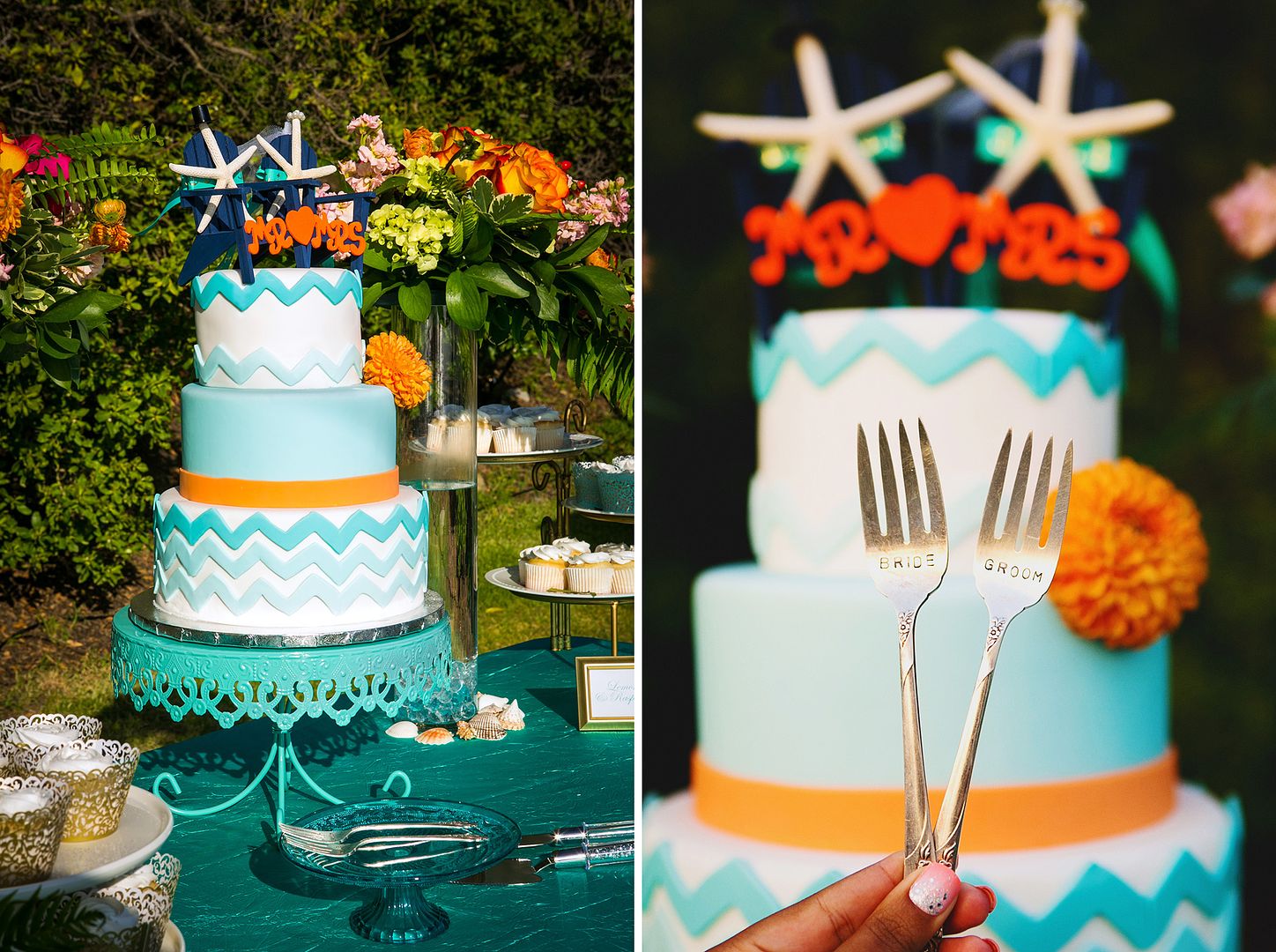 Beach Wedding Cake Chevron Teal Orange Starfish