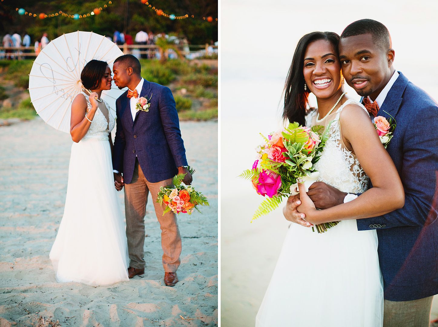 beach wedding bride and groom navy orange props
