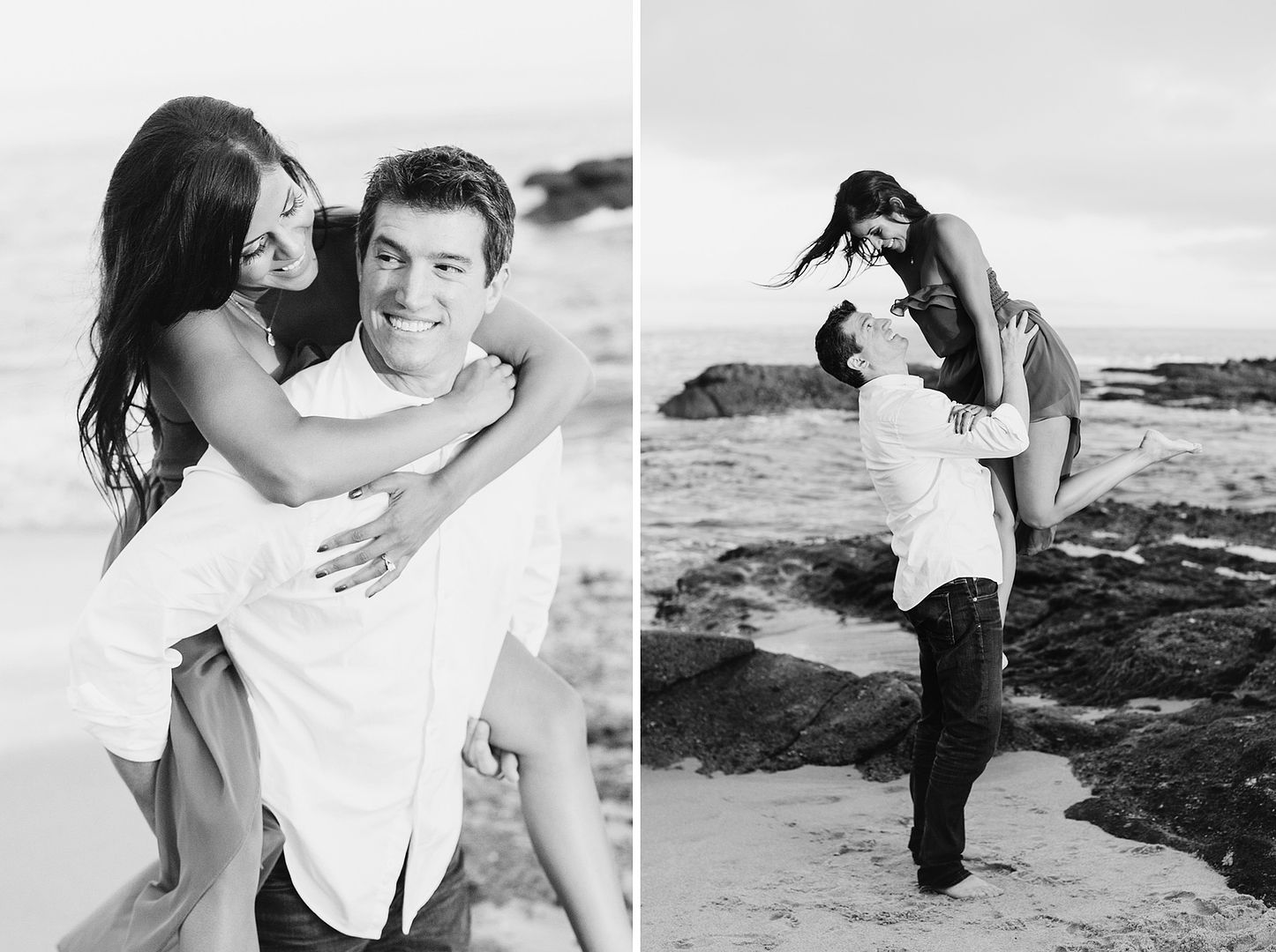 black and white engagement photography beach