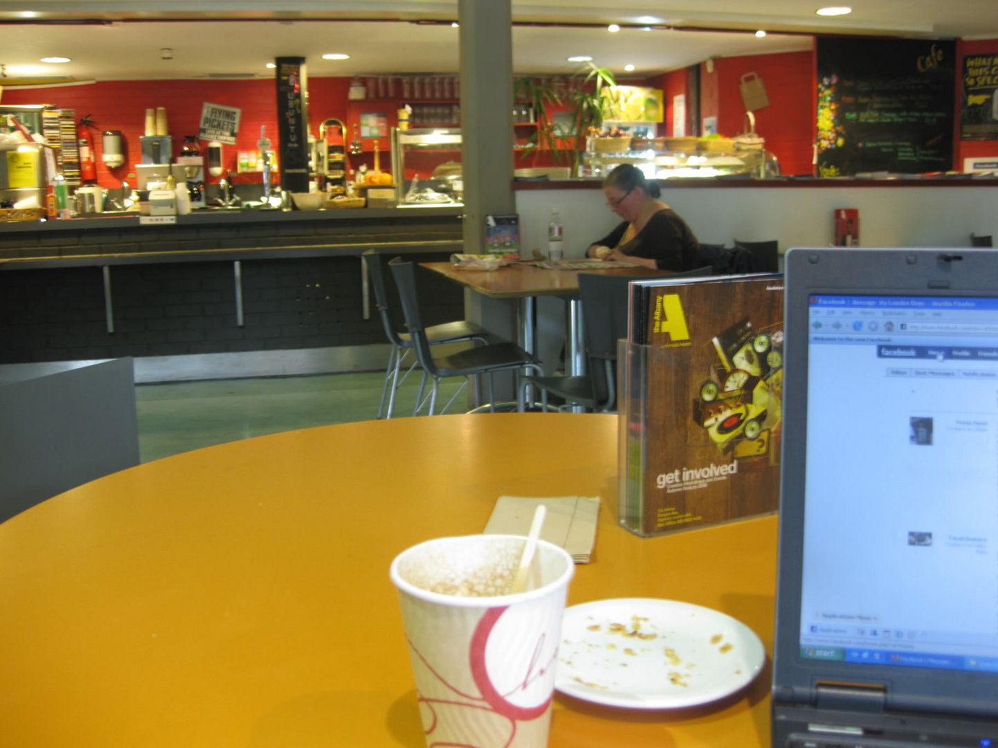 The cafe at The Albany, Douglas Way, Deptford. A couple of years ago, Wi-Fi was developed by mad geniuses so that Ms. Pooja Nansi could check her Facebook in between our rehearsals.