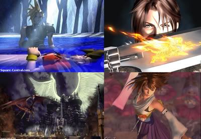 Cloud and Aeris, Squall Leonheart and his gunblade, the eidolons Bahamut vs Alexander over the city of Alexandria, Yuna solemnly performing the Sending