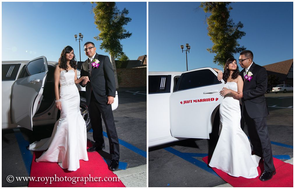 bride and groom with their limousine in their wedding day