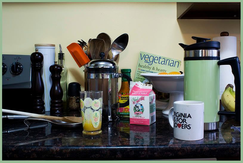 Kitchen Counter,Coffee Press,Orange Juice,Utensils,Vegetarian Times