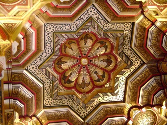 Detail from the centre of the ceiling in one of the rooms. Tiered upwards to create a dome effect, note, the parrots flying out from the central rosette. photo 10561776_10154435958160023_3922174109726373210_n.jpg