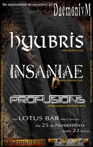 cartaz Hyubris+Insaniae+Profusions no Lótus Bar, 23 Nov