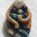 "Mother of 3" pendant: <br> Turquoise Aqua & Cobalt on Amber-Swirl