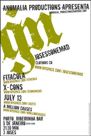 cartaz Fitacola+X-Cons+July 13+A Million Causes,Ribeirinha Bar,Porto,5Jan,21h30