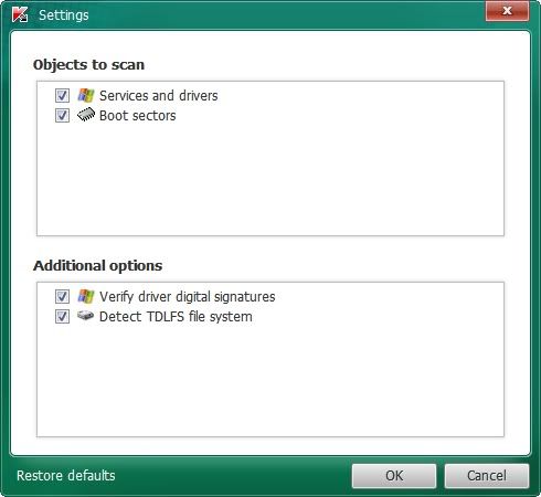 Check the boxes beside Verify Driver Digital Signature and Detect TDLFS file system, then click OK.