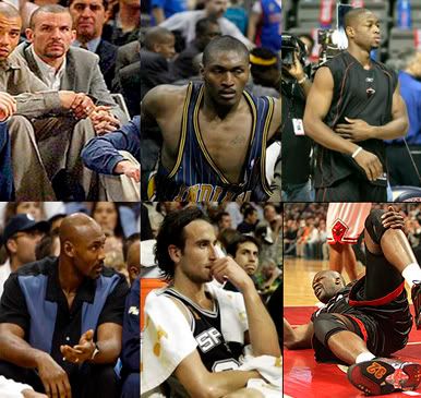 top L-R: Kidd, Artest, Wade; bottom L-R: Malone, Ginobili, Shaq