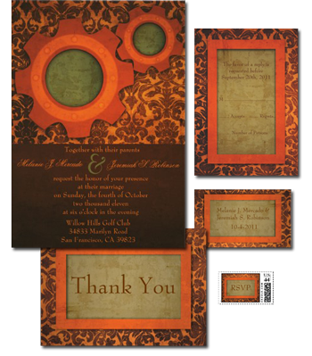 A steampunk wedding invitation with a cog porthole on a floral damask 