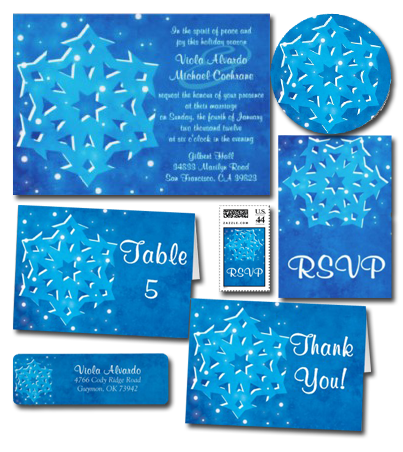 Beautiful blue vibrant snowflake winter wedding invitations great for 