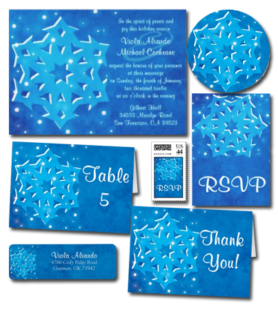 Beautiful blue vibrant snowflake winter wedding invitations great for