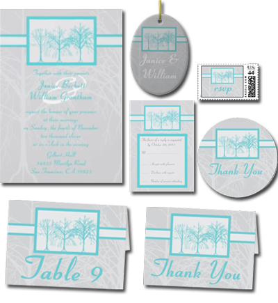 Beautiful winter wedding invitation with colors silver and aqua blue