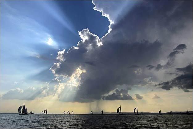 Yachts race on Lake Balaton in central Hungary on Sept 13 during the 2005 Practical Flying Dutchman World Championship