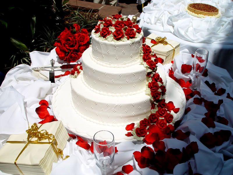 White simple square wedding cake with red roses