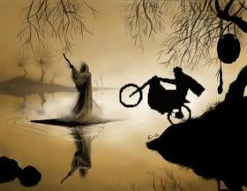 You see, Evel Knievel is entering the afterlife by jumping the River Styx on his motorbike