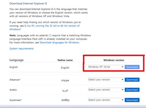 See where I've drawn a red block around the version of Windows? You need to select that in the drop down menu using the small black down arrow.