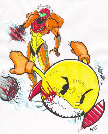 MetroidsSamusvsPacmanbyGRiMfrompenc.jpg Samus vs. Pac-Man image by WarriorSmurf