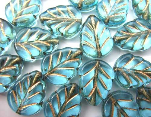 Czech Leaf Beads 10x8mm Aquamarine Gold Veined x25