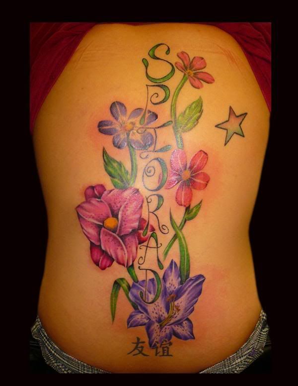 Flower Tattoos Colorful Stomach And Asian Writing