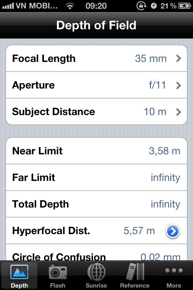 PhotoCalc - một ứng dụng trên iPhone tính DOF, phơi sáng...