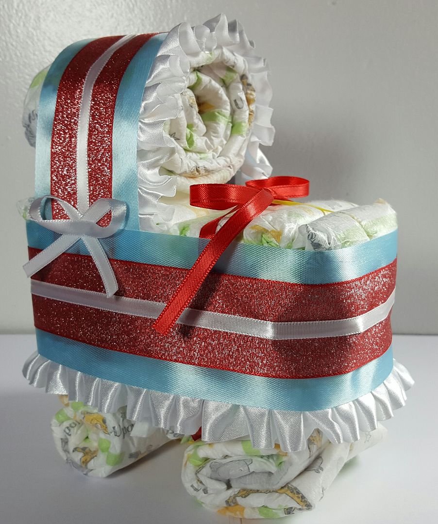Diaper Cake Carriage Baby Shower Gift Neutral Red White and Blue
