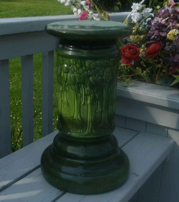 ANTIQUE McCOY MAJOLICA GREEN AVENUE OF TREES JARDINIERE PEDESTAL PLANT
