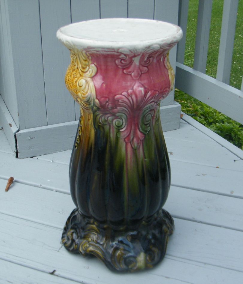 ANTIQUE OLD MAJOLICA GREEN PINK YELLOW SCROLLS JARDINIERE PEDESTAL