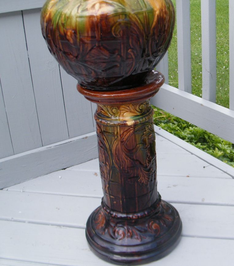 Antique VINTAGE MAJOLICA BROWN GREEN ROSEVILLE JARDINIERE PEDESTAL