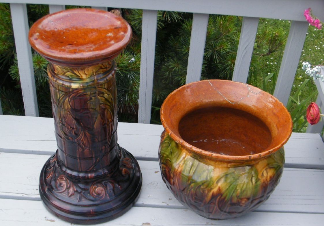 Antique VINTAGE MAJOLICA BROWN GREEN ROSEVILLE JARDINIERE PEDESTAL