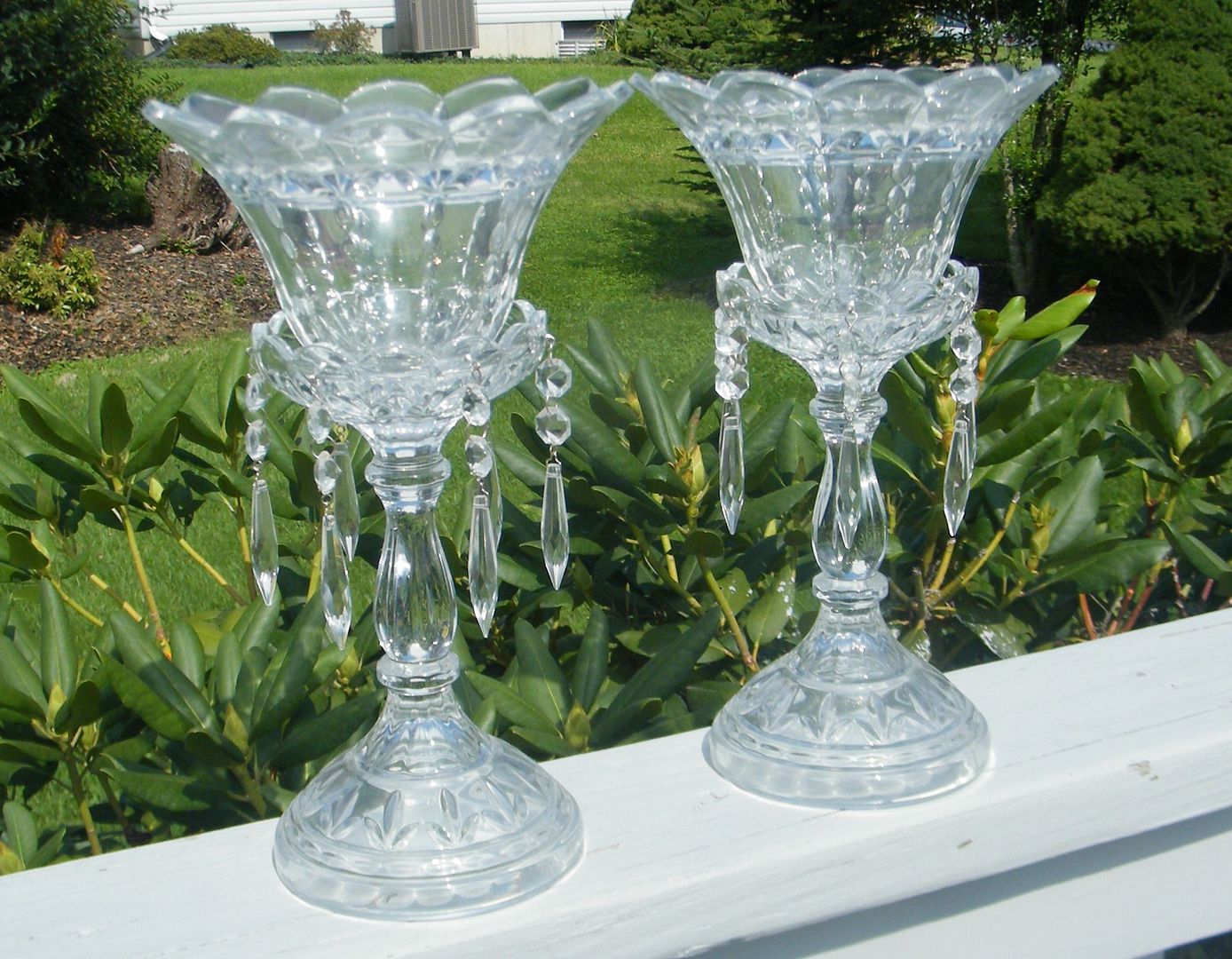 2 ANTIQUE GLASS CUT CRYSTAL PRISM PAIR MANTEL CANDLESTICK CANDLE HOLDERS SHADES