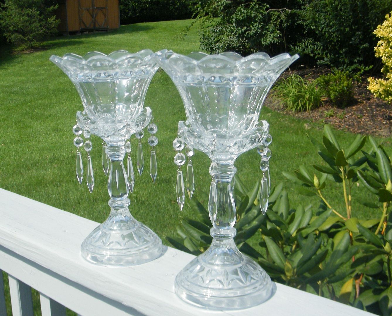 2 ANTIQUE GLASS CUT CRYSTAL PRISM PAIR MANTEL CANDLESTICK CANDLE HOLDERS SHADES