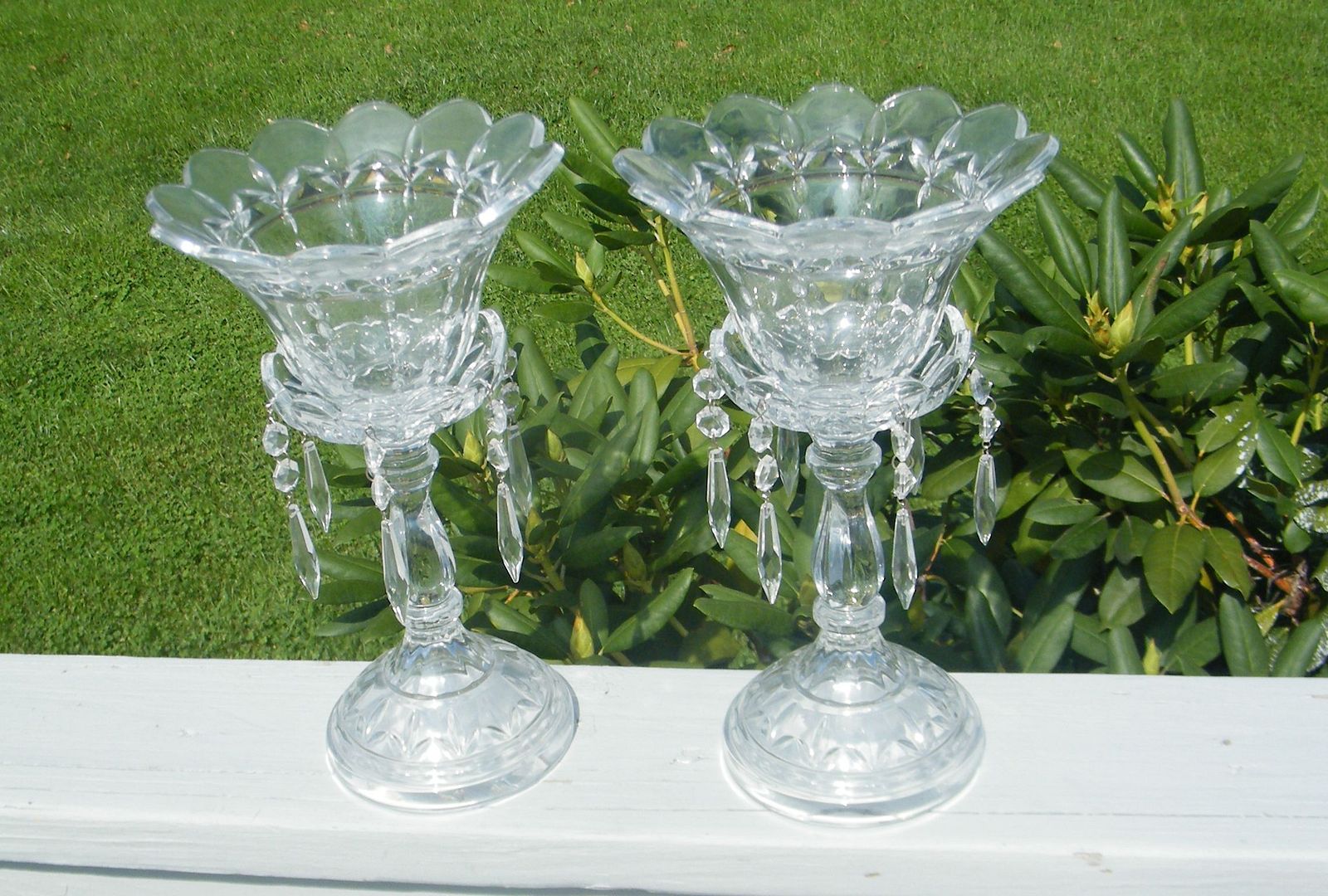 2 Antique Glass Cut Crystal Prism Pair Mantel Candlestick Candle Holders Shades 2330