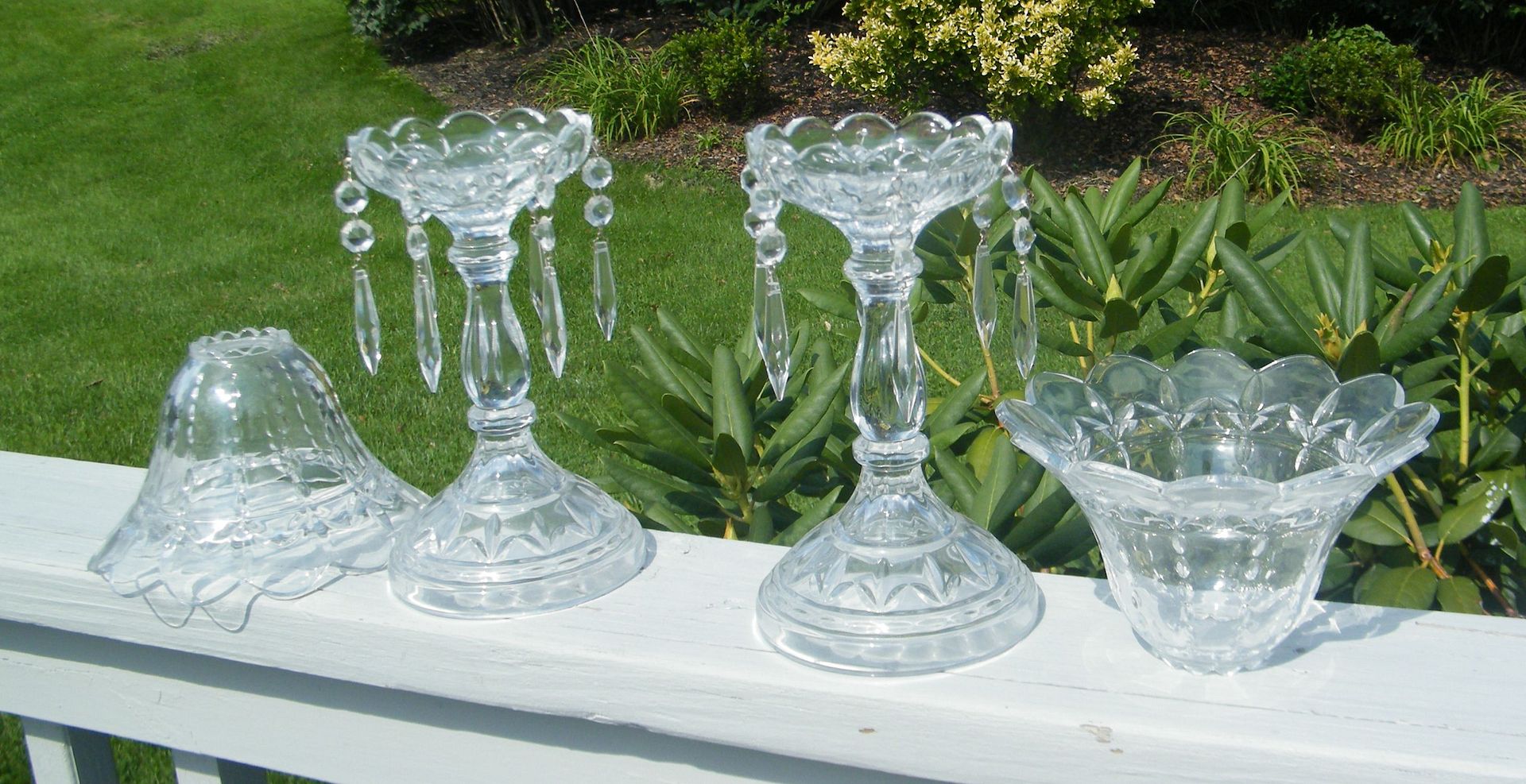 2 ANTIQUE GLASS CUT CRYSTAL PRISM PAIR MANTEL CANDLESTICK CANDLE