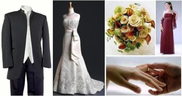 Her dress, his tuxedo, her bouquet, the matron of honour's dress, the rings