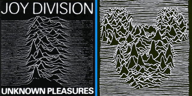 Original artwork for Joy Division's Unknown Pleasures album, and the Mickey Mouse t-shirt version.