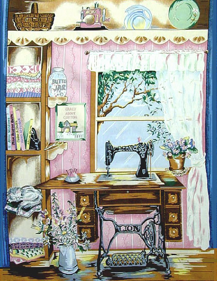 OldFashioned Antique VINTAGE SEWING MACHINE ROOM Fabric Panel Quilt