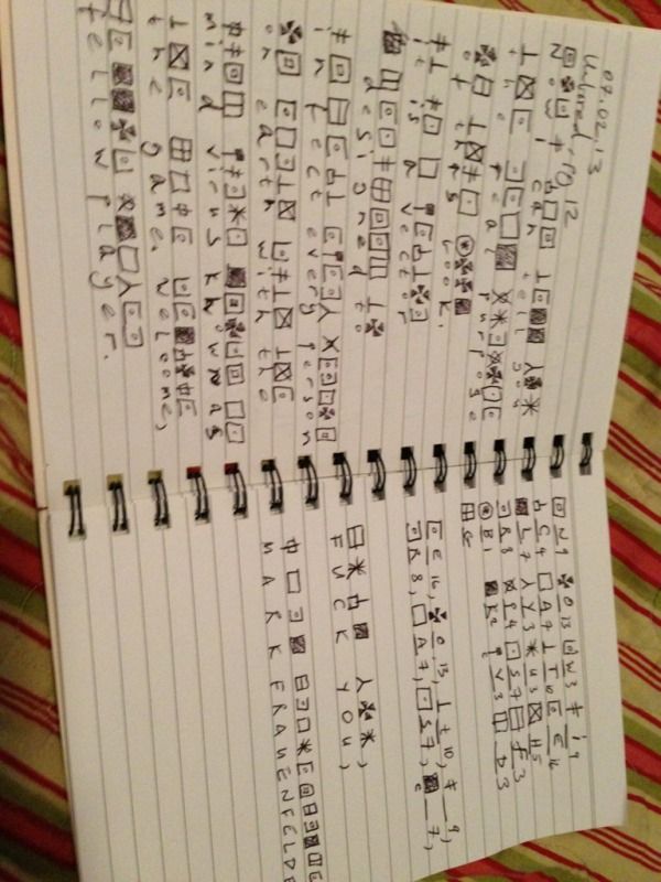 handwritten cypher and solution, amounting to 'you lost the Game' and 'fuck you, Mark Frauenfelder'