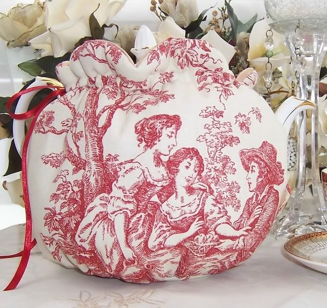 C4T ELEGANT RED TOILE FABRIC TEAPOT TEA COZY eBay