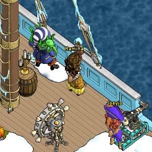 Batomatic's snow covered ship with Ramina, Captainflood, and Joeyjo