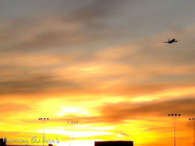 plane taking off during sunset