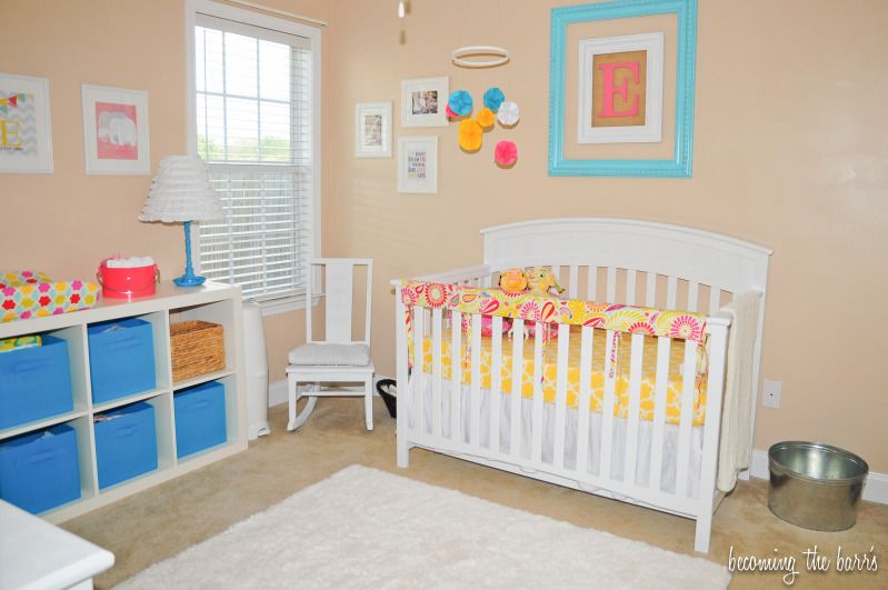 coral teal yellow nursery photos; pink and yellow and teal nursery